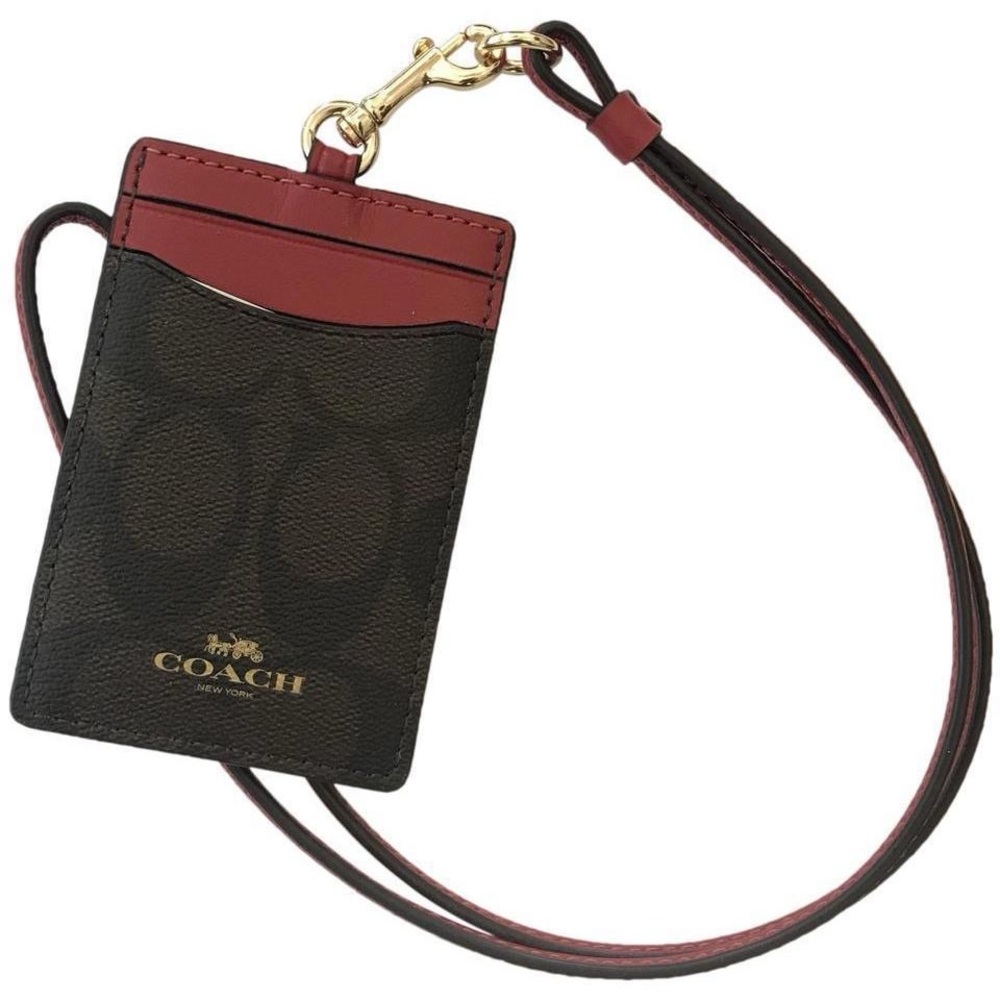 Coach Brown and Red ID Card Holder Wallet with Lanyard Strap